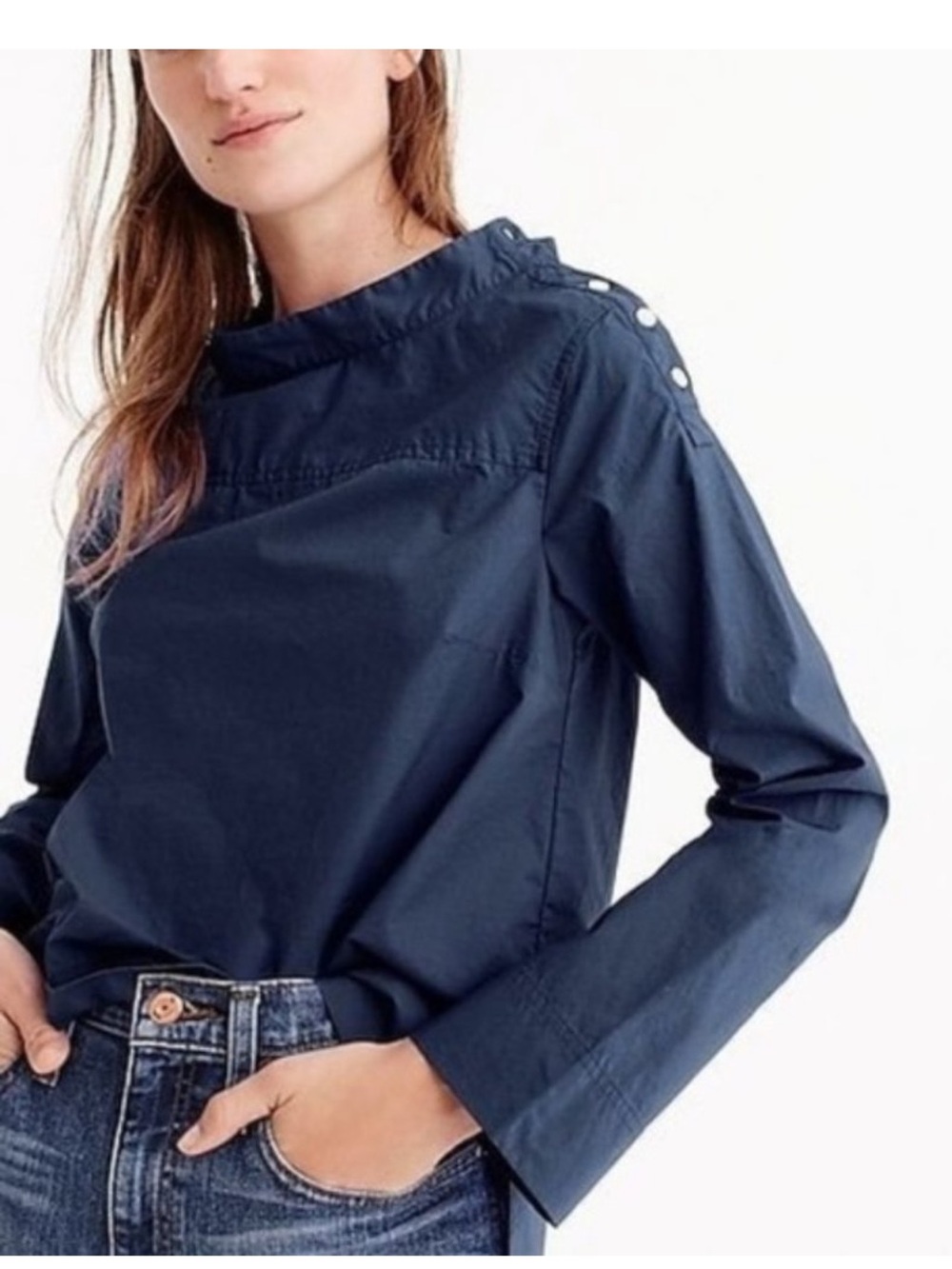 J. Crew Funnelneck Shirt Navy Blue Long Back Rounded Hem Women's 12